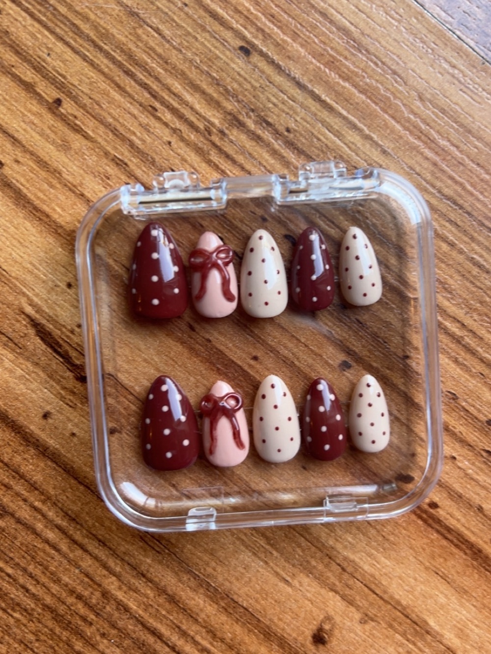 Homemade Press-On Nail Set - nude & Maroon Polka Dot Design